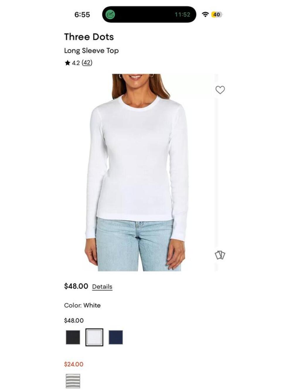 Three Dots White Long Sleeve Crew Neck Top 100% Cotton Women’s Medium